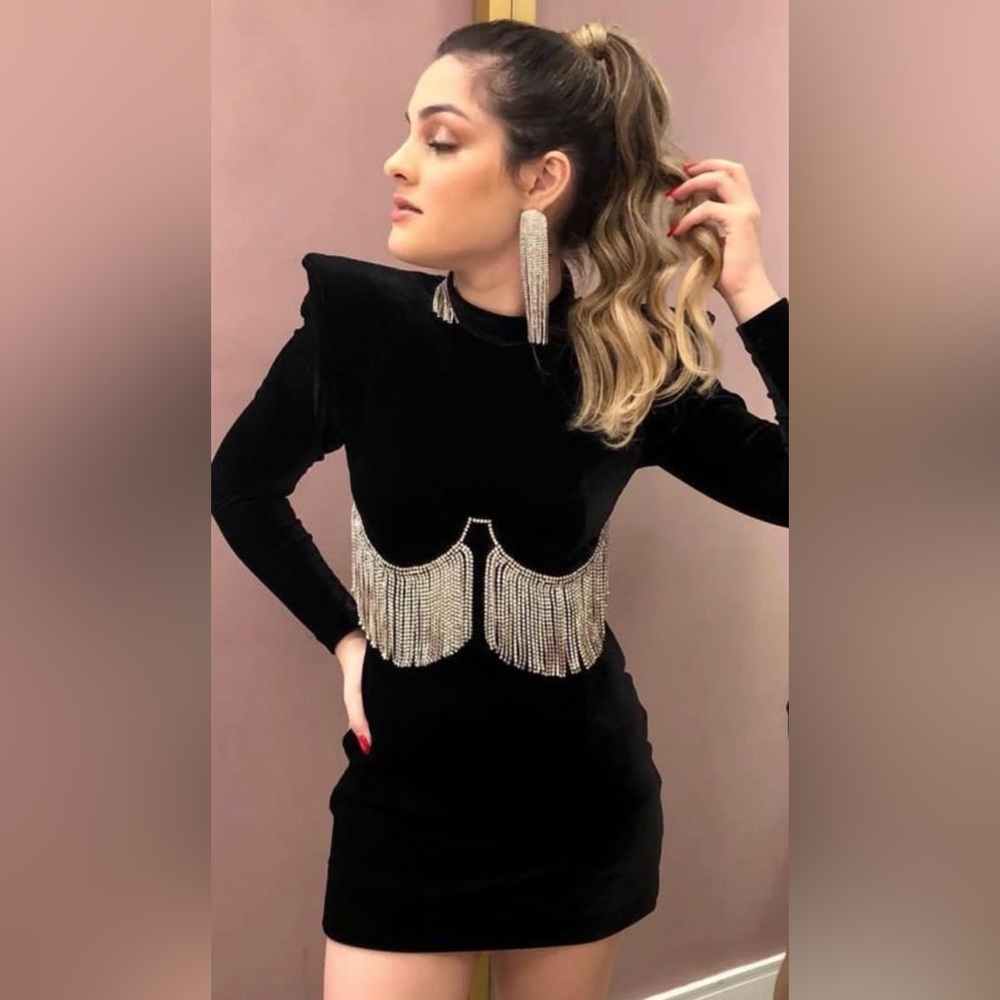 Elegant Black Mini Velvet Dress with Silver Accents